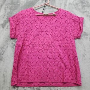 Jack Wills Scoop Neck Short Cuffed Sleeve Eyelet Cotton Top Size 10 Pink Casual